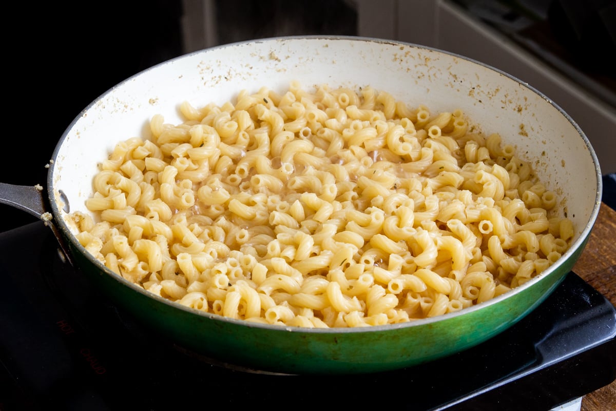 cooked pasta in a skillet