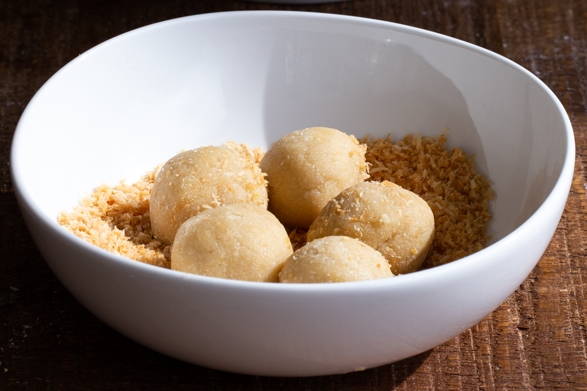 lemon coconut energy bites in a small bowl