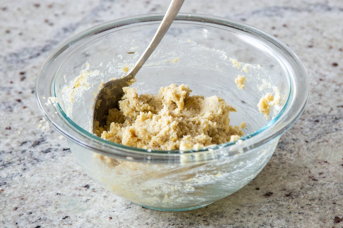 mixture for vegan cheese balls in a glass bowl 