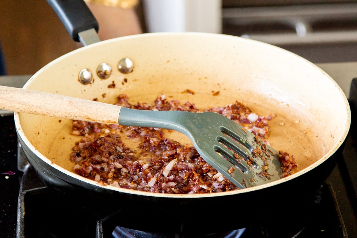 caramelized onion in a sauteein pan