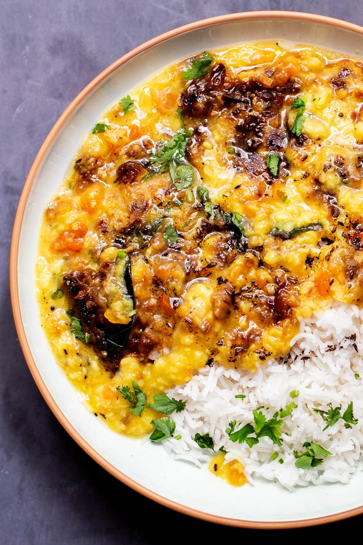 creamy lentil dal sprinkled with cilantro served next to rice on a plate