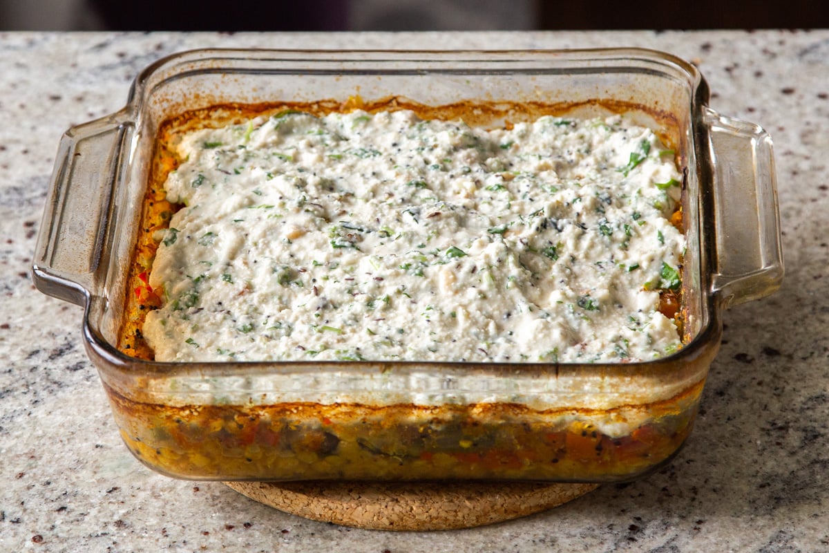 assembled Idli Sambhar casserole before baking