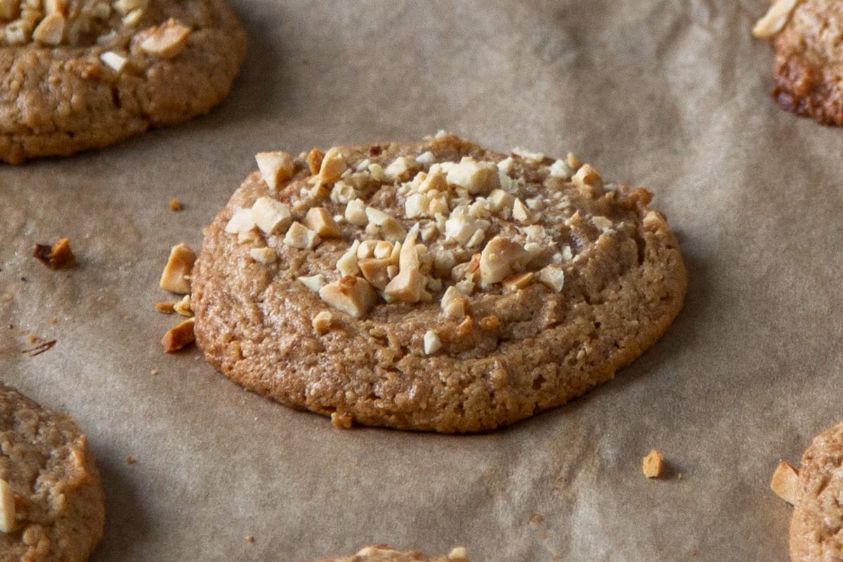 freshly baked peanut butter cookie sprinkled with peanuts