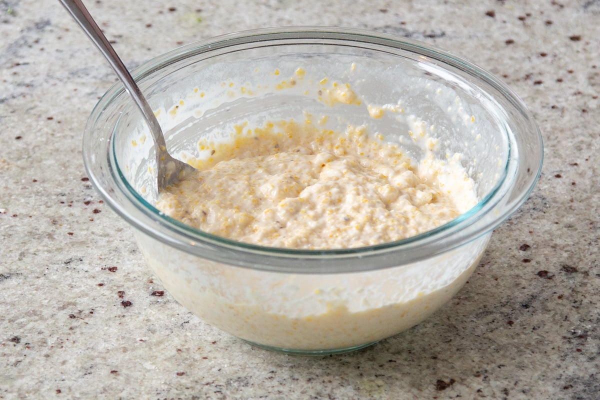 cornbread topping for casserole in a glass bowl