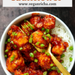 bowl of gochujang cauliflower with text that reads: "Gochujang Cauliflower. www.veganricha.com"