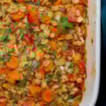 close-up of a baking pan of savory baked oats