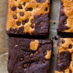 close-up of sliced pieces of brookie on parchment paper
