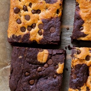 close-up of sliced pieces of brookie on parchment paper