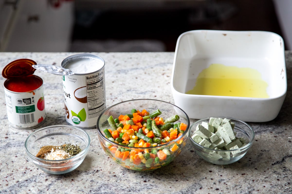 veggie butter sauce pot pie ingredients on a kitchen countertop