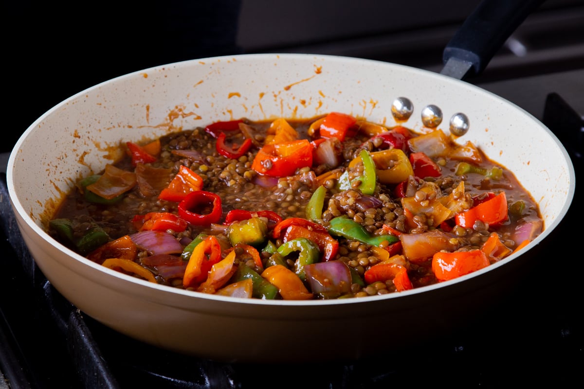 lentils mixed into gochujang sauce