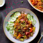 gochujang lentils in bowls with bell pepper and onion