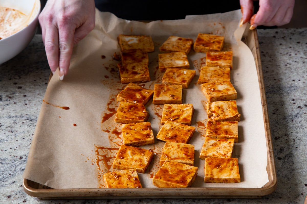 gochujang tofu on the baking sheet before baking