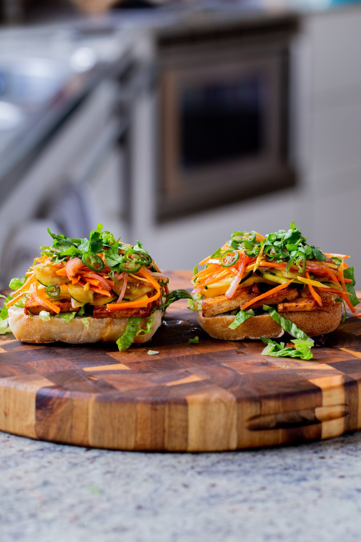 gochujang sandwich, open face so you can see all of the veggies and other toppings