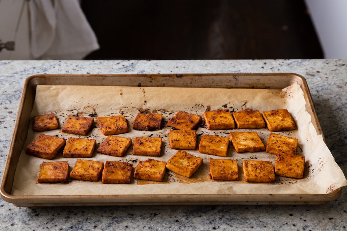 gochujang tofu on the baking sheet after baking