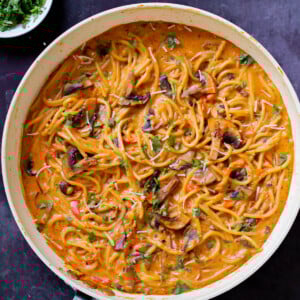 finished harissa pasta in the skillet