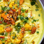 overhead photo of vegan kadhi pasta with veggies