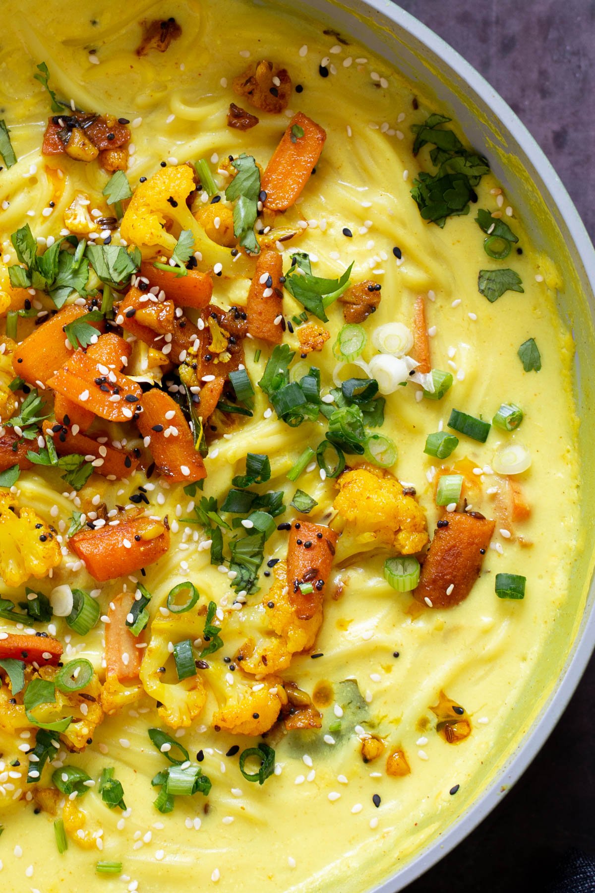 overhead photo of vegan kadhi pasta with veggies