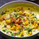side photo of vegan kadhi pasta with veggies, so you can see the texture of the veggies