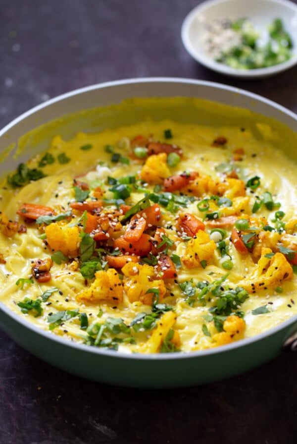 side photo of vegan kadhi pasta with veggies, so you can see the texture of the veggies