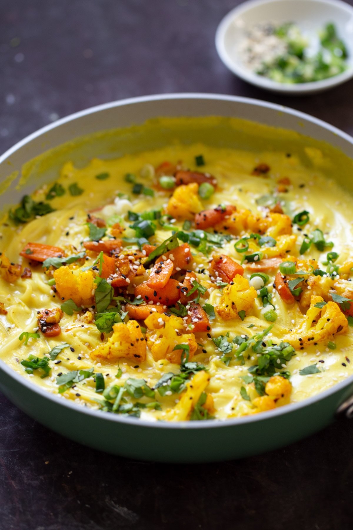 side photo of vegan kadhi pasta with veggies, so you can see the texture of the veggies