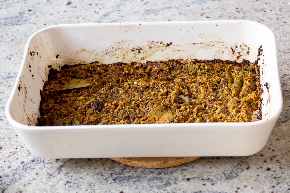 ground spices added to the chopped aromatics in the pan after baking