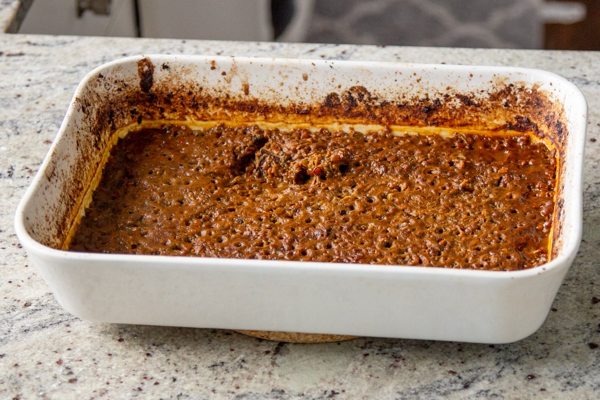 keema lentils in the baking pan after baking