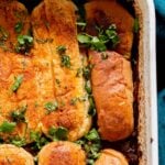 Lentil Keema Pav Casserole in the baking pan after baking