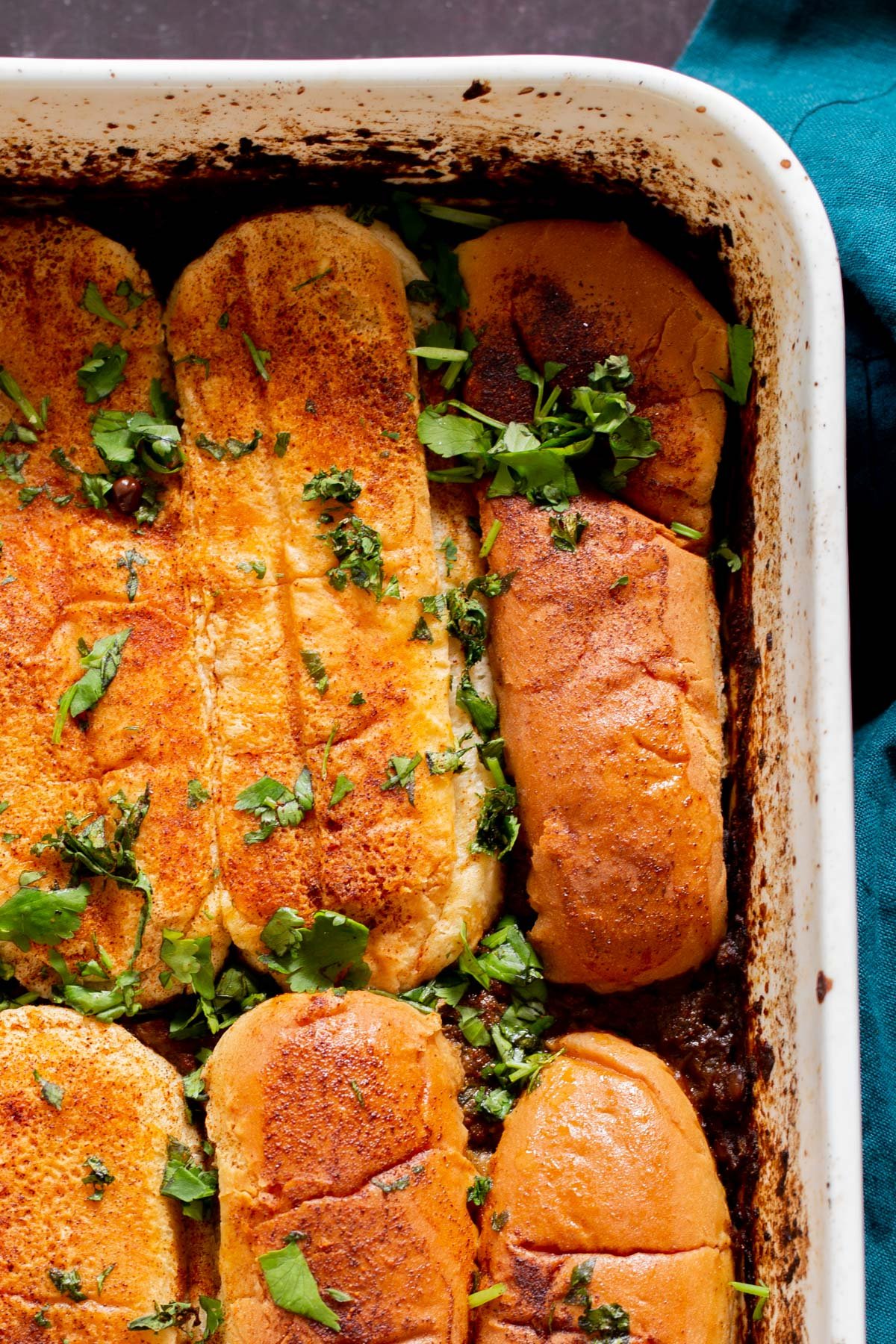 Lentil Keema Pav Casserole in the baking pan after baking