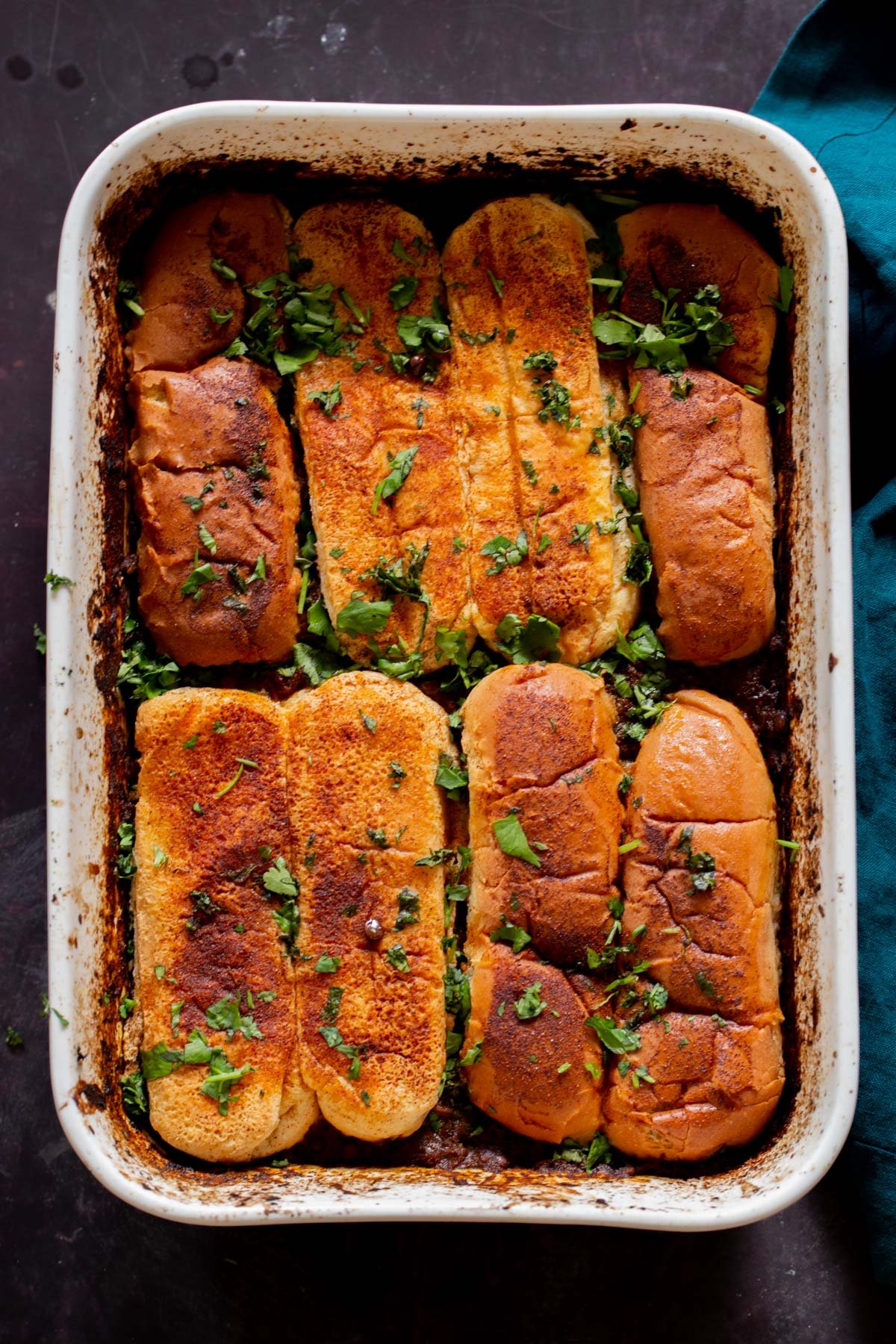 Lentil Keema Pav Casserole in the baking pan after baking