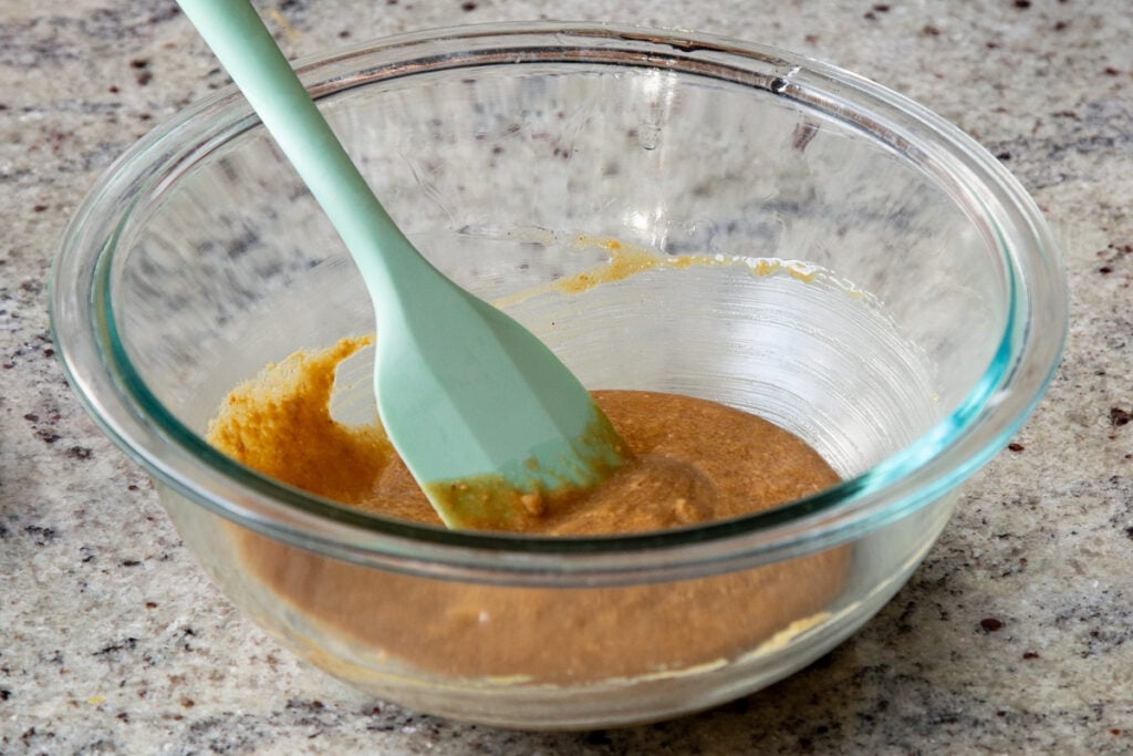 small batch peanut butter cookie wet ingredients, after mixing