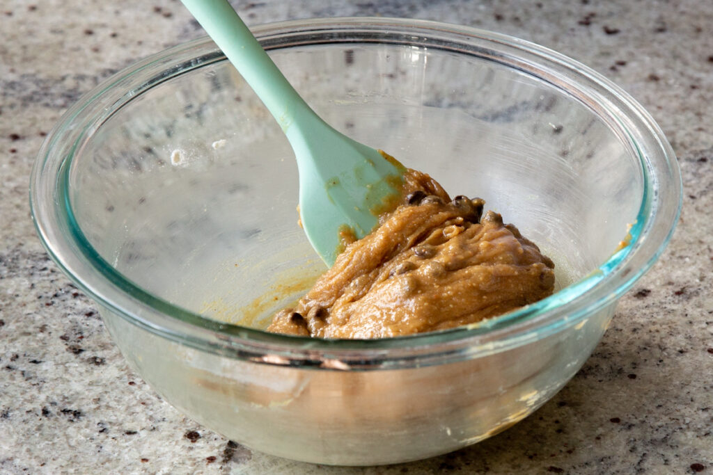 small batch peanut butter cookie dough after mixing in the chocolate chips