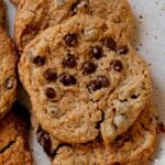close-up of peanut butter cookies with chocolate chips on a plate
