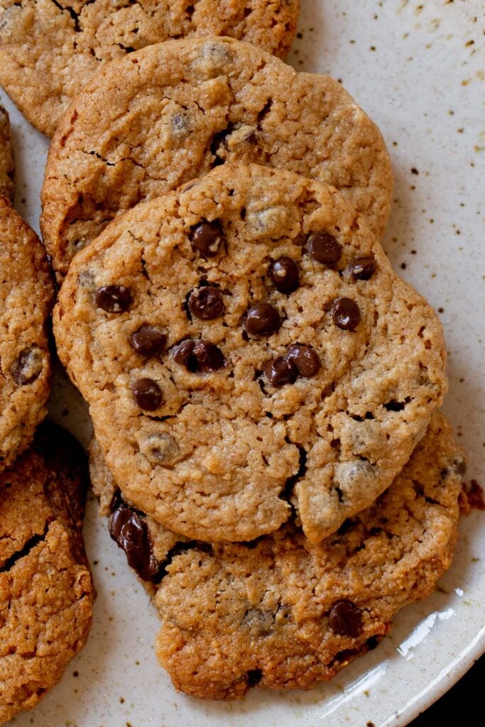 close-up of peanut butter cookies with chocolate chips on a plate