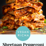 stack of vegan pizza quesadilla slices on a wooden cutting board, text overlay