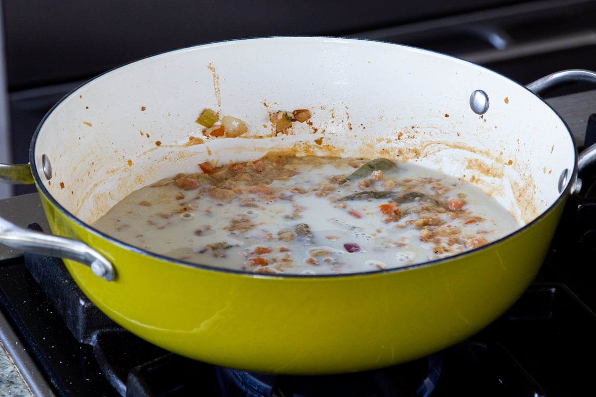 toasted flour dissolved into the non-dairy milk in the pan
