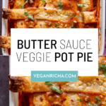 butter sauce pot pie in the baking pan after baking, text overlay