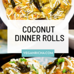 image collage of coconut dinner rolls in the pan and on the plate, text overlay