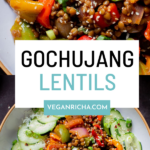image collage of gochujang lentils in a bowl from different angles