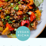 gochujang lentils in a bowl with bell pepper and onion, text overlay