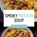 bowl of vegan potato soup with crumbled tofu, vegan cheese, and green onion on top, text overlay