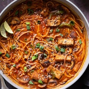 birria ramen in the pan after adding garnishes