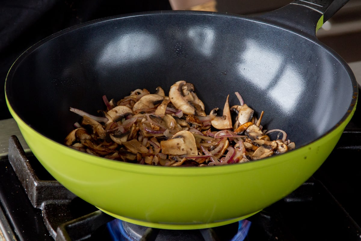 mushrooms in a wok, after cooking