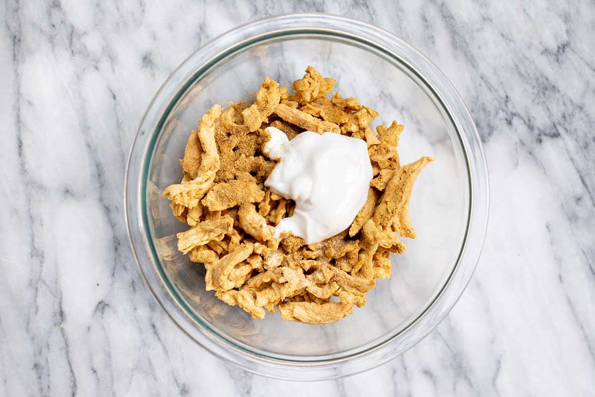 soy curls with yogurt in a bowl