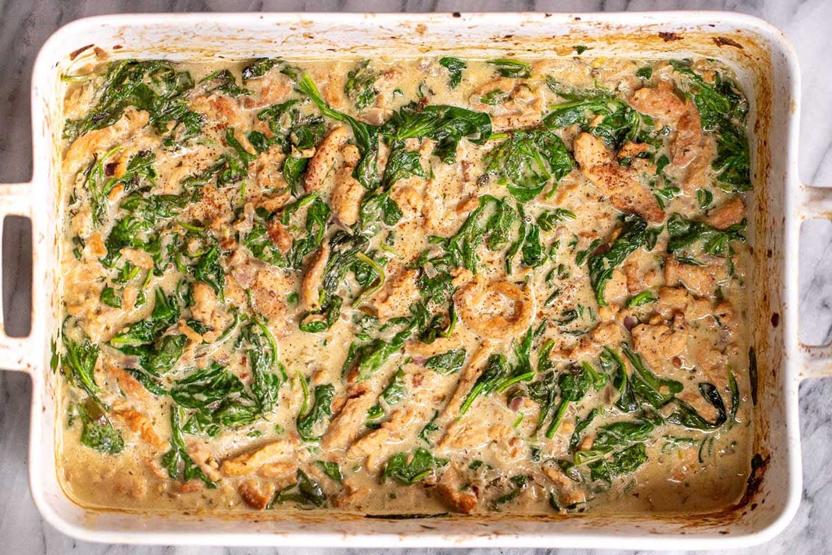 Malai Palak Chicken in the pan, after baking