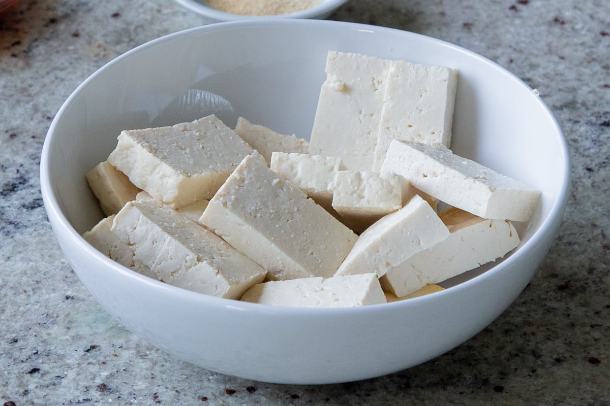 sliced tofu in a bowl