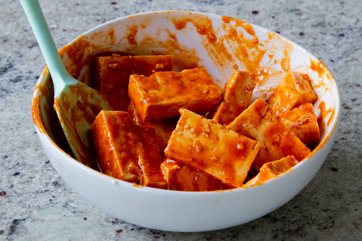 gochujang tofu after mixing in the cornstarch
