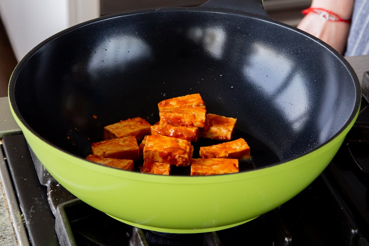 gochujang tofu in the frying pan, before cooking