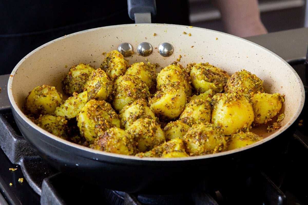 peanut sesame potatoes in the frying pan, just after cooking