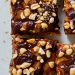 overhead shot of the Snickers cake, so you can see the toppings