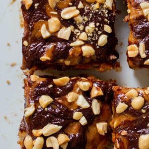 overhead shot of the Snickers cake, so you can see the toppings